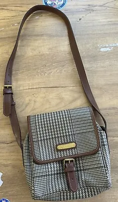 Vintage Polo Ralph Lauren Houndstooth Coated Canvas Leather Shoulder Bag Brown • $99.99