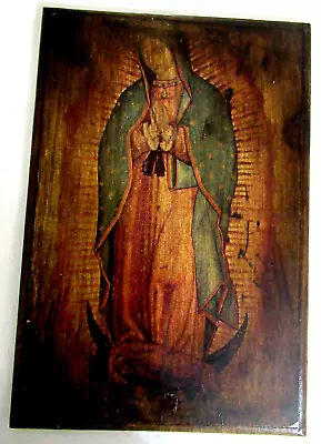 VTG RUSTIC MEXICAN 1970's RELIGIOUS TRANSFER On SOLID WOOD VIRGEN DE GUADALUPE • $42.50