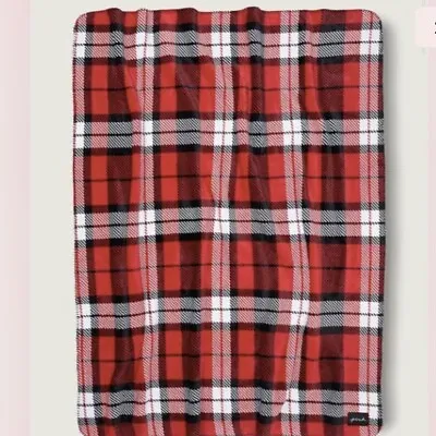 New Victoria's Secret VS PINK Sherpa Red Black White Plaid Blanket 50” X 60” NIP • $22.50