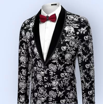 COOFANDY Blazer Men Black Velvet Silver Floral Tuxedo Jacket NWT 2X XXL NEW Prom • $48