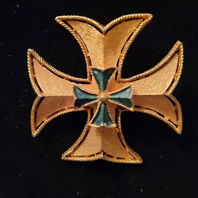 Vintage Maltese Cross Pin Brooch Gold Tone With Green Accents Irish • $14.99