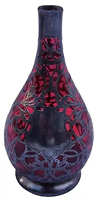 Rare Antique Sterling Silver Overlay 6  Cranberry Ruby Glass 6  Vase Hallmarked • $449