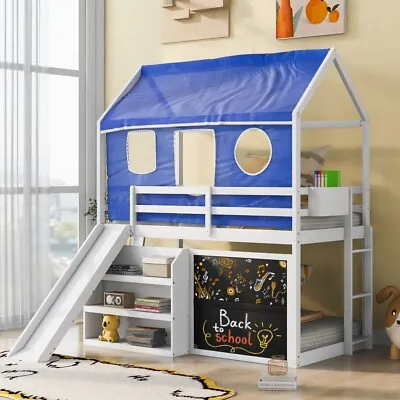 $664.51 • Buy Twin Over Twin House Bunk Bed Frame W/ Blue Tent, Slide & Blackboard For Kids US