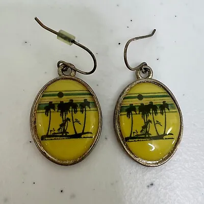 Vintage Palm Tree Earrings Yellow Silver Tone Hook Dangle Blue Stripe 90s • $8.24