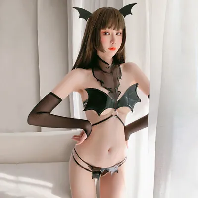 Costume Set Gothic Black Lingerie Mesh See Through Bikini Outfit Erotic Bat Girl • £16.09