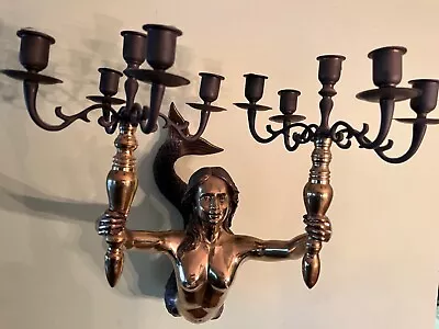 Vintage Pair Of Brass Art  Noveau 10 Arms Mermaid  Candelabra • $2700