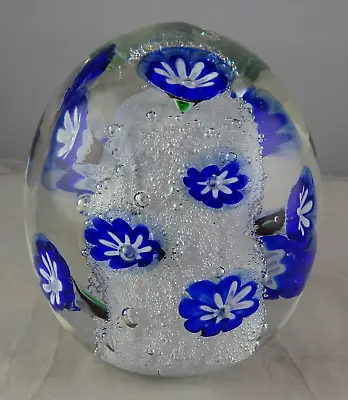 Murano Style Large Art Glass Egg Paperweight Blue Flowers W/Bubble Core • $20.97