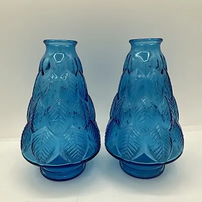 Pair Vintage Wheaton Blue Glass Bottle Vase Leaf Feather 6” NJ 2 Set • $32.95