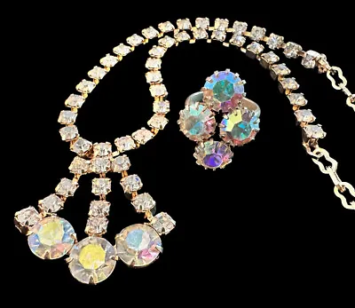 Vintage AB Aurora Borealis Prong Set Rhinestone Necklace & Ring MCM Retro • $26