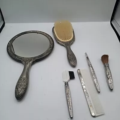 Vintage  Silver Plated Hand Mirror  Brush  Makeup Brushes And Comb Heavy Made • $21.50