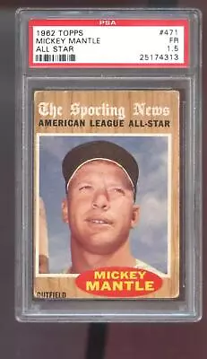 1962 Topps #471 Mickey Mantle All-Star PSA 1.5 Graded Card MLB The Sporting News • $153.96