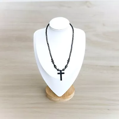 Hematite Saint Cross Necklace Non-Magnetic Pendant Black Barrel Clasp • $9.80