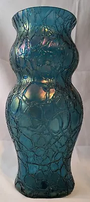 Large Art Nouveau Kralik Crackle Blue Iridescent Art Glass Double Gourd Vase • £119.99