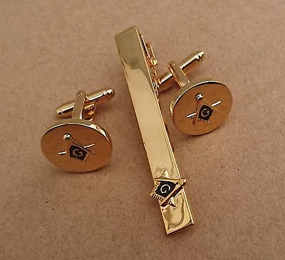 Premium Masonic Cufflinks Tie Clip Set Gold Plated Black/Gold  • $24.99