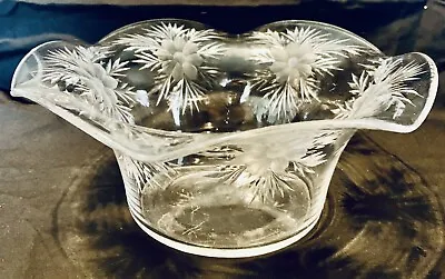 Large Vintage Bowl/Dish/Vase-Scalloped Edge- Flower Etched- Art Glass- Decor • $15