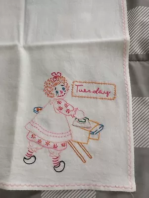 Vintage Embroidered Flour Sack Kitchen Towel Rag Doll Ironing Day Of The Week • $4