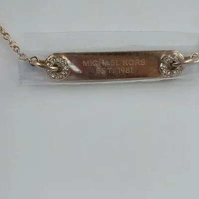 Michael Kors Horizontal Logo Bar Necklace Rose Gold Clear Grommet Aprox 20    • $39