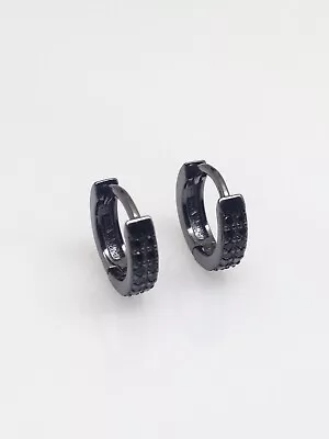 925 Sterling Silver Cz Black Onyx Huggie Hoop Earrings Mens Women 10mm X 2.2mm • $21.45