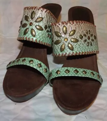 $8.50 • Buy Amanda Smith Green Studded Leather Strappy Platform Block Heel Shoe Size 10M