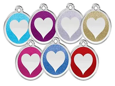 RED DINGO GLITTER ENGRAVED DOG / CAT IDENTITY TAGS Sparkly ID Tag - HEART Logo • £9.85