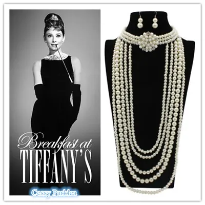 $19.78 • Buy 50's Vintage Audrey Hepburn Faux Pearl Rhinestone Jewelry Necklace Earrings Set