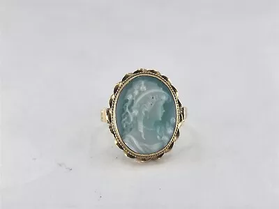 Vintage 14K Yellow Gold Light Blue Cameo Ring Sz 6.5 • $220