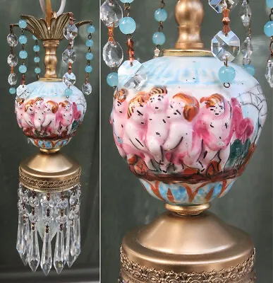 Vintage Cherub SWAG Crystal Lamp Chandelier Porcelain Capodimonte Blue Beads • $176.44