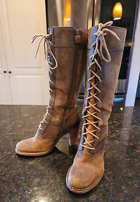 FRYE VILLAGER LACE 77610 Brown Leather Tall Lace Up ZIP Boots  Sz 7.5 M • $175