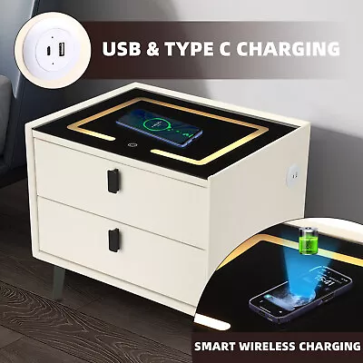 Bedside Table LED Light USB Wireless Charging Bedroom Furniture 2 Drawers White • £65.99