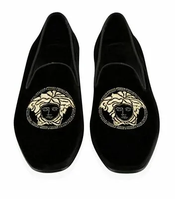 Men Handmade Black Velvet Embroidered Loafers Party Slipper Formal Casual Shoes • £173.99