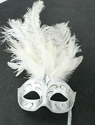 £19.95 • Buy Ladies Silver & White Feather Venetian Masquerade Ball Party Eye Mask On A Stick