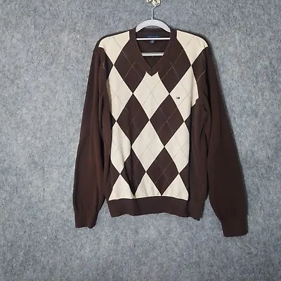 Tommy Hilfiger Men Argyle Sweater Large Long Sleeve V Neck Brown Tan Embroidered • $16.22