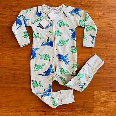£27.12 • Buy Bonds Baby Grey Blue Green Turtle Shark Long Sleeve Zip Wondersuit Size 1 BNWT