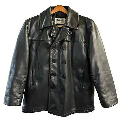 Vintage Schott US 740N Pea Jacket Mens 44 Large Black Leather Double Breasted • $280