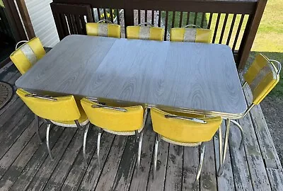 Vintage 50’s Formica & Chrome Table 8 Chairs 2 Leaves Original Vinyl BEAUTIFUL! • $850