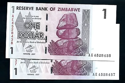 Zimbabwe (P65) 1 Dollar 2007 X 2 Consecutive UNC • £0.99