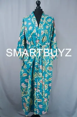 Teal Wild Flowers Long Print Handmade Cotton Kimono Bathrobe Dressing Gown • £35.99