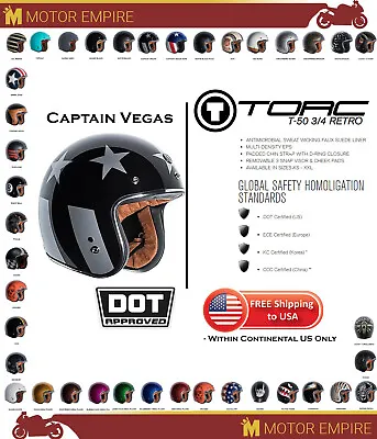 TORC T-50 3/4 Open Face Retro Motorcycle Helmet Gloss Black Captain Vegas DOT • $104.49