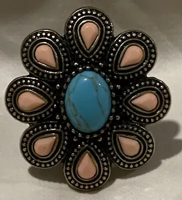 Vintage Elastic Stretch Metal Ring Floral Flower Oval Blue Turquoise Pink Large • $14.99