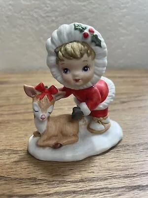 Vintage Lefton Ceramic Christmas Child Santa Baby Deer Figurine • $49.95