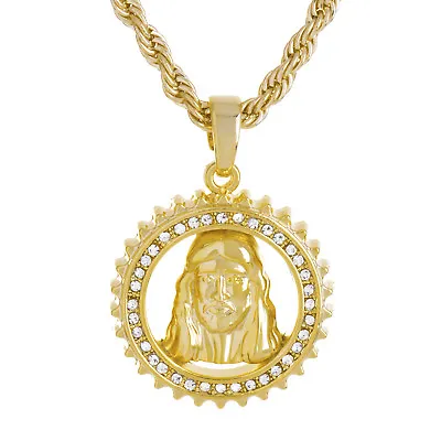 Men's Gold Silver Tone Iced Jesus Medallion Pendant  24  Chain Necklace M141 • $10.99