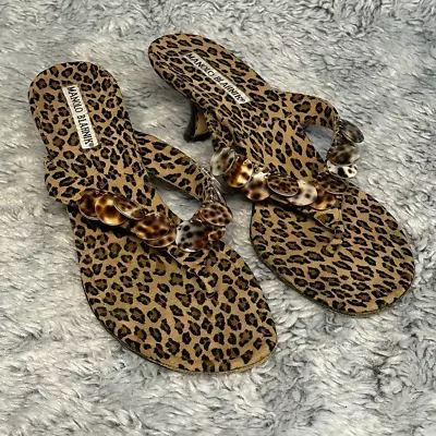 Vintage Manolo Blahnik Cheetah Print Shell Thong Sandal Heels Women's EU Sz 37  • $100