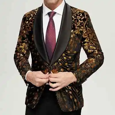 Mens Gold Sequin Blazer Jacket Slim Fit One Button Dress Suit Coat Stage Costume • $85.27