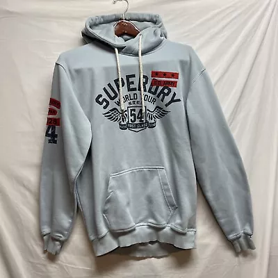 SUPERDRY World Tour Hoodie Logo Badges Distressed Hem Men’s Baby Blue XXL Flaw* • $20