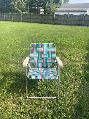 Vintage Folding Aluminum Chair Webbed Patio Lawn Chair Blue Aqua White • $39.99