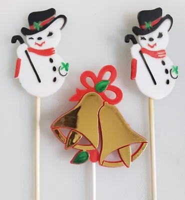 Vintage Christmas Floral Pick Lot Of 3 Plastic Winking Snowmen Gold Bells Bows • $15.20