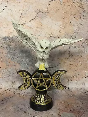 Owl Resting On Pentagram Triple Moon Sculpture Statue Owls Pagan Wiccan Decor • £19.95