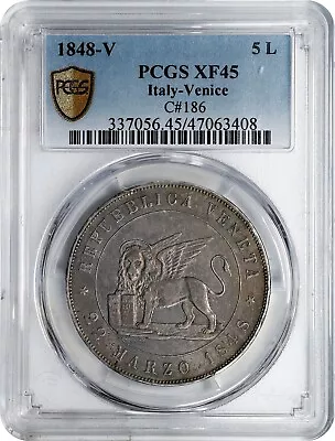 Italy Venice Provisional Government  1848 5 Lire Silver Coin Pcgs Certified Xf45 • $695