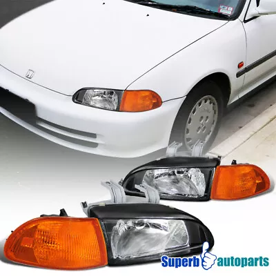 Fits 1992-1995 Honda Civic 4 Door EG Black Headlights+Corner Lights Pair 92-95 • $72.98