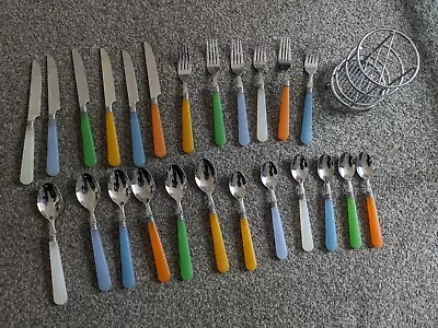 24 Piece Stainless Steel Cutlery Set With Coloured Handles & Stand • £8